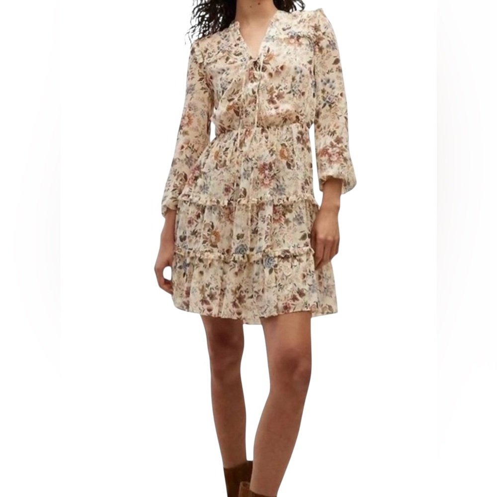 Veronica Beard Justine Silk Floral Long Sleeve Lace-Up Split Neck Mini Dress